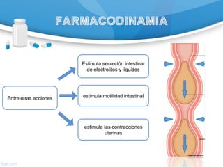 Entre otras acciones
Estimula secreción intestinal
de electrolitos y líquidos
estimula motilidad intestinal
estimula las contracciones
uterinas
 