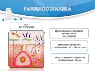 M.A
NO CONOCIDO
Estimula la secreción de
prostaglandinas, moco y bicarbonato
El bismuto recubre las ulceras
(protege contra
ac. y pepsina)
Inhibe las secreción intestinal de
prostaglandinas y cloruro
 