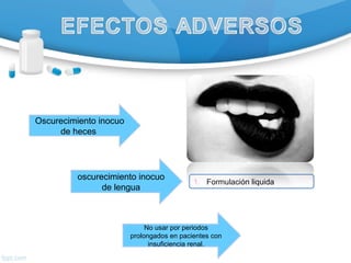 oscurecimiento inocuo
de lengua
Oscurecimiento inocuo
de heces
No usar por periodos
prolongados en pacientes con
insuficiencia renal.
1. Formulación liquida
 
