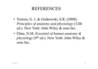 REFERENCES

  • Tortora, G. J. & Grabowski, S.R. (2000).
    Principles of anatomy and physiology (12th
    ed.). New York: John Wiley & sons Inc.
  • Eline, N.M, Essential of human anatomy &
    physiology (9th ed.). New York: John Wiley &
    sons Inc.




4/6/2013                                       62
 