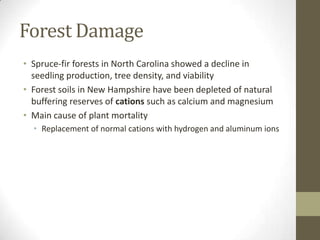 Forest Damage
• Spruce-fir forests in North Carolina showed a decline in
  seedling production, tree density, and viability
• Forest soils in New Hampshire have been depleted of natural
  buffering reserves of cations such as calcium and magnesium
• Main cause of plant mortality
  • Replacement of normal cations with hydrogen and aluminum ions
 