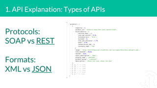 1. API Explanation: Types of APIs
Protocols:
SOAP vs REST
Formats:
XML vs JSON
 