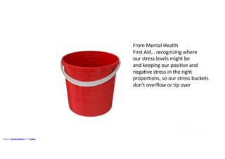 Image by Saveliy Morozov from Pixabay
From Mental Health
First Aid… recognizing where
our stress levels might be
and keeping our positive and
negative stress in the right
proportions, so our stress buckets
don’t overflow or tip over
 