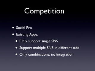Competition Social Pro Existing Apps: Only support single SNS Support multiple SNS in different tabs Only combinations, no integration