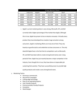 Apple’s most prominent threats are led by the economy ranked at 10. This top threat is an obvious one considering the prices of Apple products. For almost every product Apple has there is a similar low cost alternative and in the current economic times even people who would like to but Apple products will be forced to go with a lower cost substitute. The high rivalry among competitors in the technology industry makes it very important that Apple stay ahead of the curve with innovation. In this industry the company that has long-term success is the company that offers customers the newest and latest technology. Along with a slower economy comes the threat of decreased demand, this is a threat to Apple especially because of their limited product line. 
