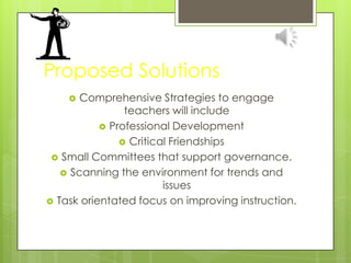 Proposed SolutionsComprehensive Strategies to engage teachers will includeProfessional DevelopmentCritical FriendshipsSmall Committees that support governance.Scanning the environment for trends and issuesTask orientated focus on improving instruction. 
