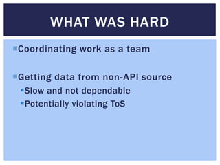 Coordinating work as a team
Getting data from non-API source
Slow and not dependable
Potentially violating ToS
WHAT WAS HARD
 