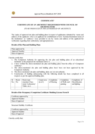 Approval Process Handbook 2017-2018
Page | 174
CERTIFICATE2
CERTIFICATE OF AN ARCHITECT REGISTERED WITH COUNCIL OF
ARCHITECTURE
(TO BE PRODUCED IN THE LETTERHEAD OF ARCHITECT)
The copies of approved site plan and building plans in respect of application submitted by <name and
address of the applicant> who is an applicant for establishment of new Technical Institution<name of
the Institutions> at <address> were provided to me by <name and address of the applicant>for
verification regarding their authenticity and appropriateness.
Details ofSite Plan and Building Plans
Plans approved by
Approval Number
Date of Approval
I hereby certify that:
1. The Competent Authority for approving the site plan and building plans of an educational
Institution at the proposed site mentioned above is ………………..
2. I have verified the above-mentioned site plan and building plans from the office of <Competent
Authority>.
3. The above-mentioned site plan and building plans have/ have not been approved by the
Competent Authority.
4. The above-mentioned site plan and building plans are/ are not authentic.
5. Construction of building admeasuring with the following details has been completed in all
respects as per the approved building plan.
Sl.
No.
Room
No
Room type
(mention Class
room/ Laboratory/
Toilet, etc.)
Carpet area
(in m2
)
Completion
of Flooring
Completion
of Walls and
painting
Completion of
Electrification
and lighting
Details ofthe Occupancy/ Completion Certificate/ Building License/ Form D
Certificate approved by
Approval Number
Date of Approval
Structural Stability Certificate
Certificate approved by
Approval Number
Date of Approval
I hereby certify that:
 