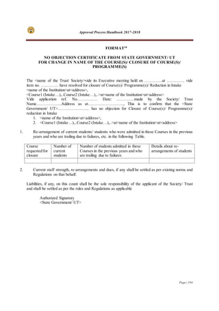 Approval Process Handbook 2017-2018
Page | 194
FORMAT18
NO OBJECTION CERTIFICATE FROM STATE GOVERNMENT/ UT
FOR CHANGE IN NAME OF THE COURSE(S)/ CLOSURE OF COURSE(S)/
PROGRAMME(S)
The <name of the Trust/ Society>vide its Executive meeting held on ………….at …………. vide
item no. …………. have resolved for closure of Course(s)/ Programme(s)/ Reduction in Intake
<name of the Institution>at<address>,
<Course1 (Intake…),..Course2 (Intake…),..>at<name of the Institution>at<address>
Vide application ref. No…………… Date: ………….made by the Society/ Trust
Name………………Address as at…………………….., This is to confirm that the <State
Government/ UT>………………….. has no objection for Closure of Course(s)/ Programme(s)/
reduction in Intake
1. <name of the Institution>at<address>,
2. <Course1 (Intake…),..Course2 (Intake…),..>at<name of the Institution>at<address>
1. Re-arrangement of current students/ students who were admitted in these Courses in the previous
years and who are trailing due to failures, etc. in the following Table.
Course
requested for
closure
Number of
current
students
Number of students admitted in these
Courses in the previous years and who
are trailing due to failures
Details about re-
arrangements of students
2. Current staff strength, re-arrangements and dues, if any shall be settled as per existing norms and
Regulations on that behalf.
Liabilities, if any, on this count shall be the sole responsibility of the applicant of the Society/ Trust
and shall be settled as per the rules and Regulations as applicable
Authorized Signatory
<State Government/ UT>
 