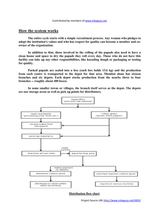 Contributed by members of www.mbaguys.net


How the system works
       The entire cycle starts with a simple recruitment process. Any woman who pledges to
adopt the institution's values and who has respect for quality can become a member and co-
owner of the organization.

        In addition to that, those involved in the rolling of the papads also need to have a
clean house and space to dry the papads they roll every day. Those who do not have this
facility can take up any other responsibilities, like kneading dough or packaging or testing
for quality.

      Packed papads are sealed into a box (each box holds 13.6 kg) and the production
from each centre is transported to the depot for that area. Mumbai alone has sixteen
branches and six depots. Each depot stocks production from the nearby three to four
branches -- roughly about 400 boxes.

       In some smaller towns or villages, the branch itself serves as the depot. The depots
are our storage areas as well as pick up points for distributors.




                                      Distribution flow chart

                                               Project Source URL http://www.mbaguys.net/t603/
 