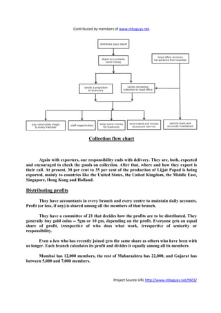 Contributed by members of www.mbaguys.net




                                  Collection flow chart



       Again with exporters, our responsibility ends with delivery. They are, both, expected
and encouraged to check the goods on collection. After that, where and how they export is
their call. At present, 30 per cent to 35 per cent of the production of Lijjat Papad is being
exported, mainly to countries like the United States, the United Kingdom, the Middle East,
Singapore, Hong Kong and Holland.

Distributing profits

        They have accountants in every branch and every centre to maintain daily accounts.
Profit (or loss, if any) is shared among all the members of that branch.

      They have a committee of 21 that decides how the profits are to be distributed. They
generally buy gold coins -- 5gm or 10 gm, depending on the profit. Everyone gets an equal
share of profit, irrespective of who does what work, irrespective of seniority or
responsibility.

       Even a ben who has recently joined gets the same share as others who have been with
us longer. Each branch calculates its profit and divides it equally among all its members.

      Mumbai has 12,000 members, the rest of Maharashtra has 22,000, and Gujarat has
between 5,000 and 7,000 members.



                                               Project Source URL http://www.mbaguys.net/t603/
 