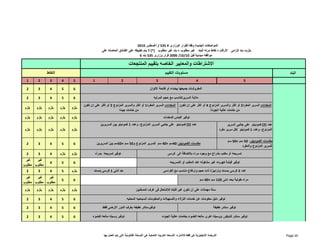 البند 
النقاط 
المواصفات الجديدة وفقا للقرار الوزارى # 535 / أغسطس 2010 
يلزم= بند إلزامى الأرقام = نقاط مرنه للبند غير مطلوب = بند غير مطلوب (*) لا يتم تطبيقه على الفنادق الحاصله على 
2006 قرار وزارى 535 بند 6 /10/ موافقه مبدئية قبل 10 
الاشتراطات والمعايير الخاصه بتقييم المنتجعات 
مستويات التقييم 
1 2 3 4 5 1 2 3 4 5 
2 3 4 5 6 
2 3 4 5 6 
يلزم يلزم يلزم يلزم يلزم 
يلزم يلزم يلزم يلزم يلزم 
المفروشات جميعھا بيضاء أو فاتحة الالوان 
ملاية السريرتتناسب مع حجم المرتبه 
المخدات: السرير المفرد 1 أو أكثر والسرير المزدوج 2 أو أكثر على ان تكون 
المخدات: السرير المفرد 2 أو أكثر والسرير المزدوج 4 أو أكثر على ان تكون 
توفير أكياس للمخدات 
من خامات جيدة 
عدد ( 2) كمودينو على جانبى السرير المزدوج، وعدد 1 كمودينو بين السريرين 
من خامات عالية الجودة 
عدد ( 2) كمودينو على جانبى السرير 
المزدوج، وعدد 1 كمودينو لكل سرير مفرد يلزم يلزم يلزم يلزم يلزم 
50 سم × مقاسات الكمودينو: 50 سم 
للسرير المزدوج والمفرد 2 3 4 5 6 
يلزم يلزم 2 3 4 
4 5 6 غير 
مطلوب 
غير 
مطلوب 
يلزم 2 3 4 5 
5 6 غير 
مطلوب 
غير 
مطلوب 
غير 
مطلوب 
يلزم يلزم يلزم يلزم يلزم 
2 3 4 5 6 
2 3 4 5 6 
50 سم بين السريرين × 40 سم للسرير المزدوج و 50 سم × مقاسات الكمودينو: 40 سم 
تسريحه أو مكتب بأدراج مع وجود مرآه بالاضافة الى كرسى 
توفير فيشة كھرباء غير مشغوله عند المكتب أو التسريحه 
توفير تسريحه بمرآه 
عدد 2 كرسى بمسند وترابيزة ذات حجم وإرتفاع مناسب مع الكراسى حد أدنى 1 كرسى بمسند 
40 سم × مرآه طولية بحد ادنى 120 سم 
سلة مھملات على أن تكون غير قابله للإشتعال فى غرف المدخنين 
توفير دليل معلومات عن خدمات النزلاء والتسھيلات والمعلومات السياحيه المحليه 
توفيرستائر خفيفه بغرف الدور الارضى فقط 
توفير وسيله مانعه للضوء 
توفير ستائر خفيفة 
توفير ستائر للديكور ووسيله أخرى مانعه للضوء بخامات عالية الجوده 2 3 4 5 6 
الترجمه الإنجليزية ھى فقط للاشاره، النسخه العربيه الاصلية ھى النسخة القانونية التى يتم العمل بھا Page 20 
 