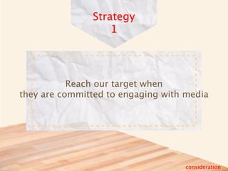 Strategy
                   1




           Reach our target when
they are committed to engaging with media




                                    consideration
 