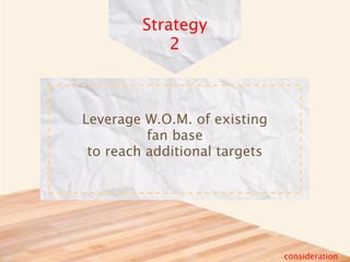 Strategy
             2



Leverage W.O.M. of existing
          fan base
 to reach additional targets




                               consideration
 