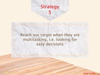 Strategy
              5



Reach our target when they are
 multitasking, i.e. looking for
        easy decisions




                                  foot traffic
 
