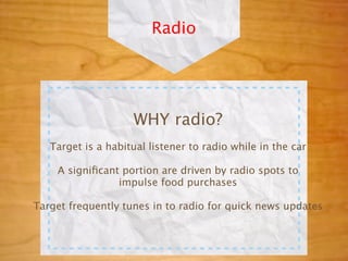 Radio




                    WHY radio?
   Target is a habitual listener to radio while in the car

    A signiﬁcant portion are driven by radio spots to
                impulse food purchases

Target frequently tunes in to radio for quick news updates
 