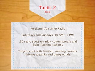 Tactic 2
                   Radio




         Weekend (fun time) Radio

  Saturdays and Sundays (10 AM - 3 PM)

:30 radio spots on adult contemporary and
           light listening stations

Target is out with families, running errands,
     driving to parks and playgrounds
 