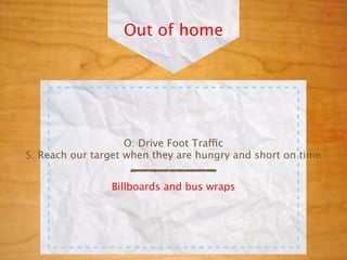 Out of home




                    O: Drive Foot Traffic
S: Reach our target when they are hungry and short on time


                Billboards and bus wraps
 