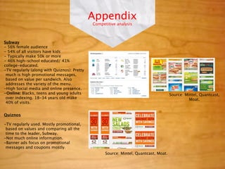 Appendix
                                             Competitive analysis



Subway
- 56% female audience
- 54% of all visitors have kids
- Typically make 50k or more
- 46% high-school educated/ 41%
college-educated.
-TV regularly (along with Quiznos): Pretty
 much is high promotional messages,
 based on value per sandwich. Also
 addresses the variety of the menu.
-High Social media and online presence.
-Online: Blacks, teens and young adults                                               Source: Mintel, Quantcast,
 over indexing. 18-34 years old make                                                            Moat.
 40% of visits.


Quiznos

-TV regularly used. Mostly promotional,
 based on values and comparing all the
 time to the leader, Subway.
-Not much online information.
-Banner ads focus on promotional
 messages and coupons mostly.
                                                   Source: Mintel, Quantcast, Moat.
 