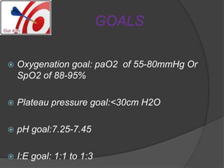 GOALS
 Oxygenation goal: paO2 of 55-80mmHg Or
SpO2 of 88-95%
 Plateau pressure goal:<30cm H2O
 pH goal:7.25-7.45
 I:E goal: 1:1 to 1:3
 