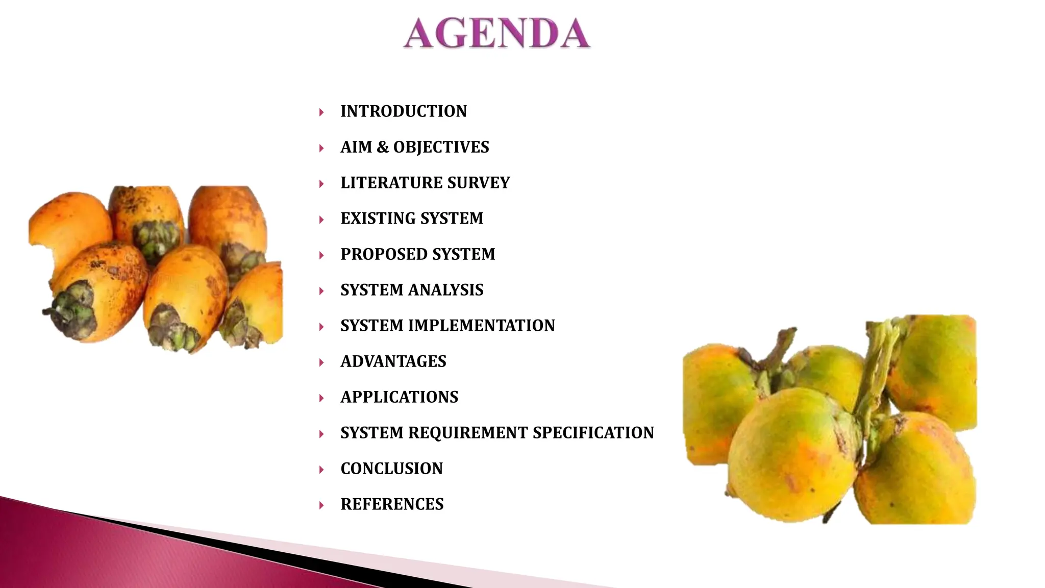  INTRODUCTION
 AIM & OBJECTIVES
 LITERATURE SURVEY
 EXISTING SYSTEM
 PROPOSED SYSTEM
 SYSTEM ANALYSIS
 SYSTEM IMPLEMENTATION
 ADVANTAGES
 APPLICATIONS
 SYSTEM REQUIREMENT SPECIFICATION
 CONCLUSION
 REFERENCES
 