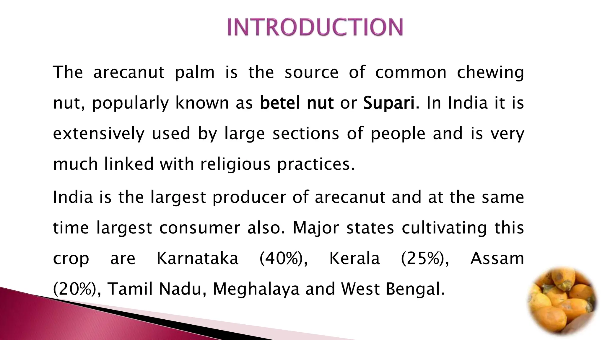 The arecanut palm is the source of common chewing
nut, popularly known as betel nut or Supari. In India it is
extensively used by large sections of people and is very
much linked with religious practices.
India is the largest producer of arecanut and at the same
time largest consumer also. Major states cultivating this
crop are Karnataka (40%), Kerala (25%), Assam
(20%), Tamil Nadu, Meghalaya and West Bengal.
 