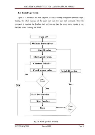 PORTABLE ROBOT SYSTEM FOR CLEANING SOLAR PANELS
SIET, VIJAYAPURA Dept. of EEE Page 9
4.2. Robot Operation
Figure 4.2 describes the flow diagram of robot cleaning subsystem operation steps.
Initially, the robot stationed at the panel end waits the user start command. Once the
command is received the brushes start working and then the robot starts moving in one
direction while cleaning the panel.
Fig.4.2: Robot operation flowchart
 