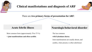 There are two primary forms of presentation for ARF:
Acute febrile illness Neurologic/behavioral disorder
Most common form...