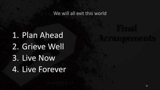We will all exit this world
1. Plan Ahead
2. Grieve Well
3. Live Now
4. Live Forever
35
 