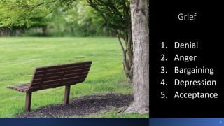 Grief
1. Denial
2. Anger
3. Bargaining
4. Depression
5. Acceptance
5
 