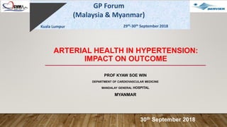 ARTERIAL HEALTH IN HYPERTENSION:
IMPACT ON OUTCOME
PROF KYAW SOE WIN
DEPARTMENT OF CARDIOVASCULAR MEDICINE
MANDALAY GENERAL HOSPITAL
MYANMAR
30th September 2018
GP Forum
(Malaysia & Myanmar)
Kuala Lumpur 29th-30th September 2018
 