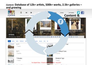 Content:	
  Database	
  of	
  12k+	
  ar/sts,	
  500k+	
  works,	
  2.5k+	
  galleries	
  –	
  
and	
  growing	
  

                                                                                                                        Content	
  &	
  
                                                                                                                        	
  Catalogue	
  




                               For	
  Digital	
  Days	
  -­‐	
  Private	
  and	
  Conﬁden5al	
  –	
  July	
  2011	
  
 