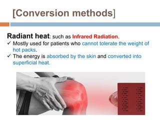 [Conversion methods]
Radiant heat: such as Infrared Radiation.
 Mostly used for patients who cannot tolerate the weight of
hot packs.
 The energy is absorbed by the skin and converted into
superficial heat.
 
