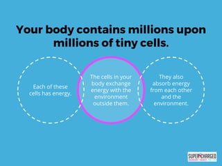 Your body contains millions upon
millions of tiny cells.
The cells in your
body exchange
energy with the
environment
outside them.
They also
absorb energy
from each other
and the
environment.
Each of these
cells has energy.
 