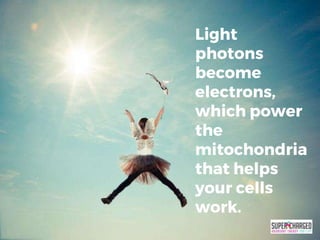 Light
photons
become
electrons,
which power
the
mitochondria
that helps
your cells
work.
 