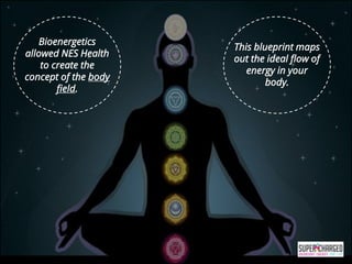 “
Bioenergetics
allowed NES Health
to create the
concept of the body
field.
This blueprint maps
out the ideal flow of
energy in your
body.
 