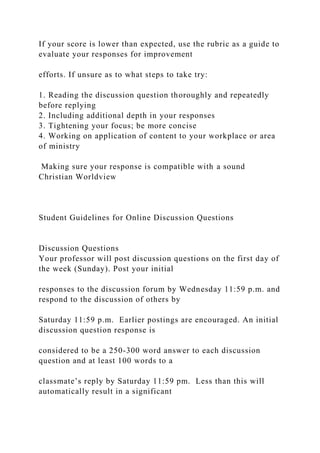 If your score is lower than expected, use the rubric as a guide to
evaluate your responses for improvement
efforts. If unsure as to what steps to take try:
1. Reading the discussion question thoroughly and repeatedly
before replying
2. Including additional depth in your responses
3. Tightening your focus; be more concise
4. Working on application of content to your workplace or area
of ministry
Making sure your response is compatible with a sound
Christian Worldview
Student Guidelines for Online Discussion Questions
Discussion Questions
Your professor will post discussion questions on the first day of
the week (Sunday). Post your initial
responses to the discussion forum by Wednesday 11:59 p.m. and
respond to the discussion of others by
Saturday 11:59 p.m. Earlier postings are encouraged. An initial
discussion question response is
considered to be a 250-300 word answer to each discussion
question and at least 100 words to a
classmate’s reply by Saturday 11:59 pm. Less than this will
automatically result in a significant
 