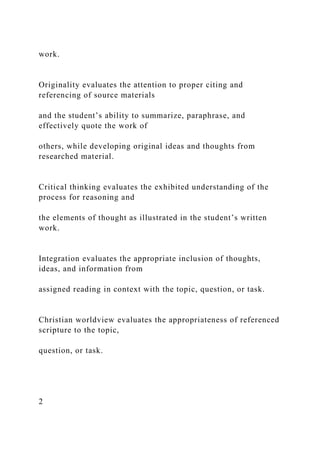work.
Originality evaluates the attention to proper citing and
referencing of source materials
and the student’s ability to summarize, paraphrase, and
effectively quote the work of
others, while developing original ideas and thoughts from
researched material.
Critical thinking evaluates the exhibited understanding of the
process for reasoning and
the elements of thought as illustrated in the student’s written
work.
Integration evaluates the appropriate inclusion of thoughts,
ideas, and information from
assigned reading in context with the topic, question, or task.
Christian worldview evaluates the appropriateness of referenced
scripture to the topic,
question, or task.
2
 