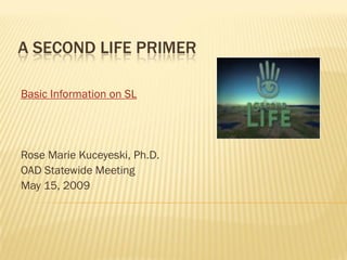 A SECOND LIFE PRIMER

Basic Information on SL




Rose Marie Kuceyeski, Ph.D.
OAD Statewide Meeting
May 15, 2009
 