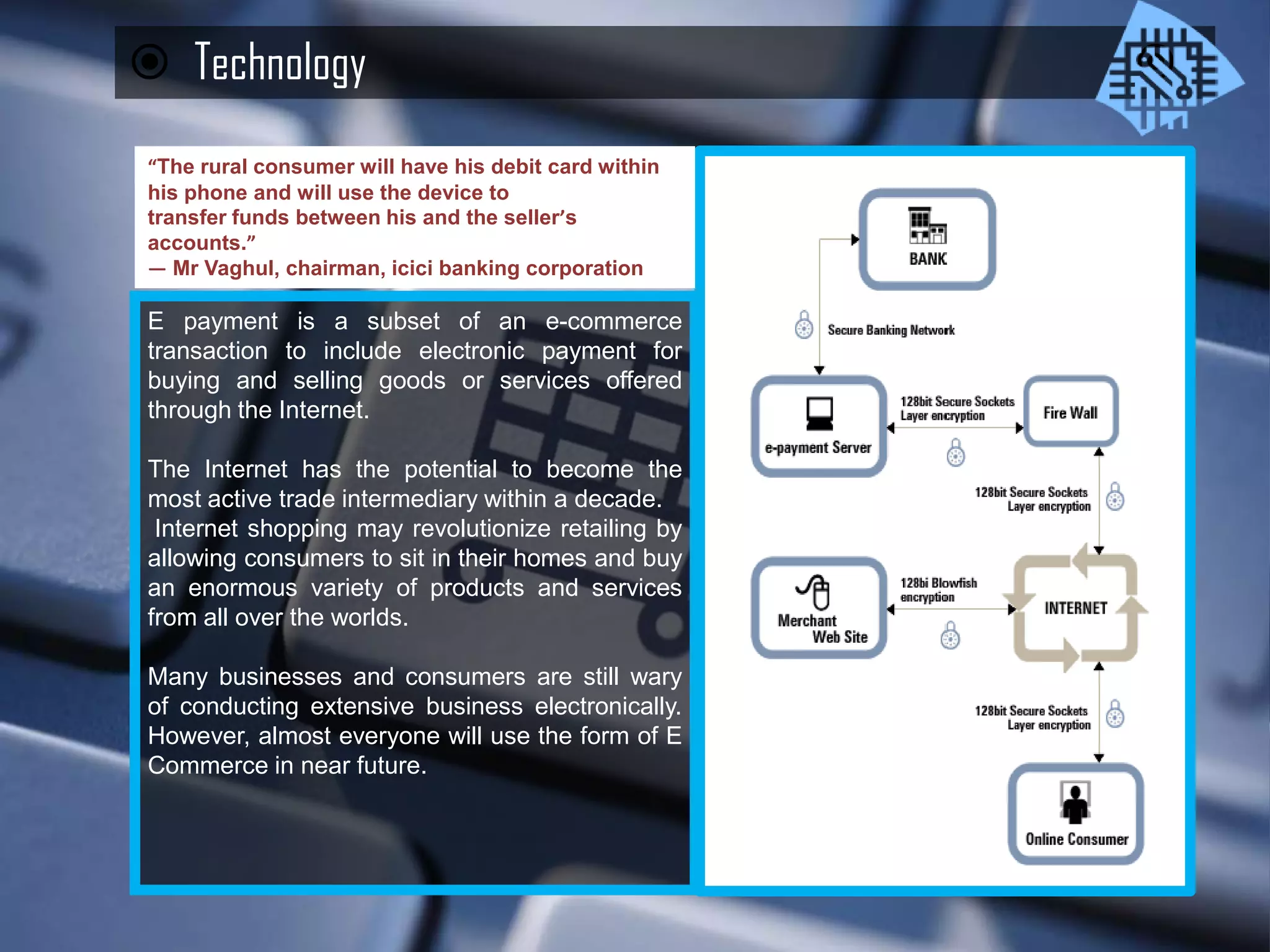  Technology                                           
 “The rural consumer will have his debit card within
 his phone and will use the device to
 transfer funds between his and the seller’s
 accounts.”
 — Mr Vaghul, chairman, icici banking corporation

 E payment is a subset of an e-commerce
 transaction to include electronic payment for
 buying and selling goods or services offered
 through the Internet.

 The Internet has the potential to become the
 most active trade intermediary within a decade.
  Internet shopping may revolutionize retailing by
 allowing consumers to sit in their homes and buy
 an enormous variety of products and services
 from all over the worlds.

 Many businesses and consumers are still wary
 of conducting extensive business electronically.
 However, almost everyone will use the form of E
 Commerce in near future.
 