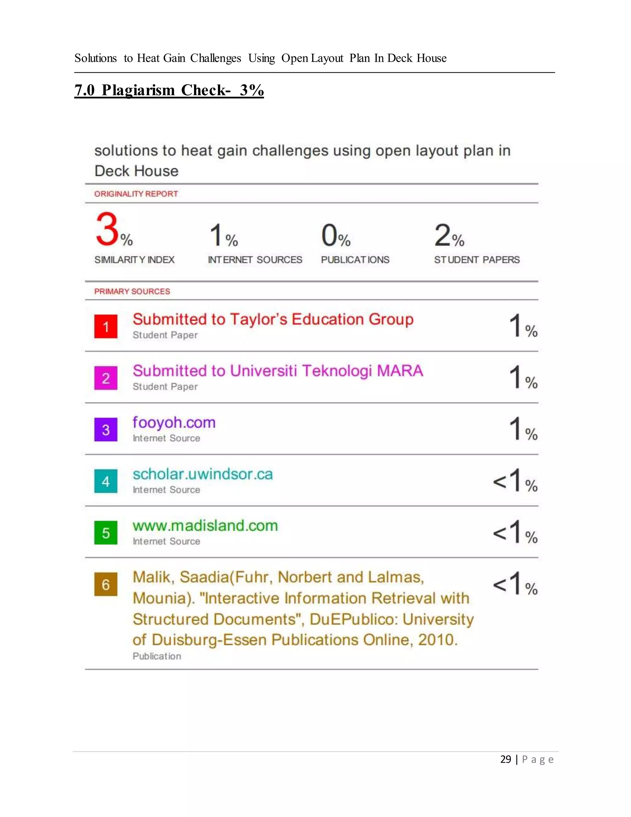 Solutions to Heat Gain Challenges Using Open Layout Plan In Deck House
29 | P a g e
7.0 Plagiarism Check- 3%
 