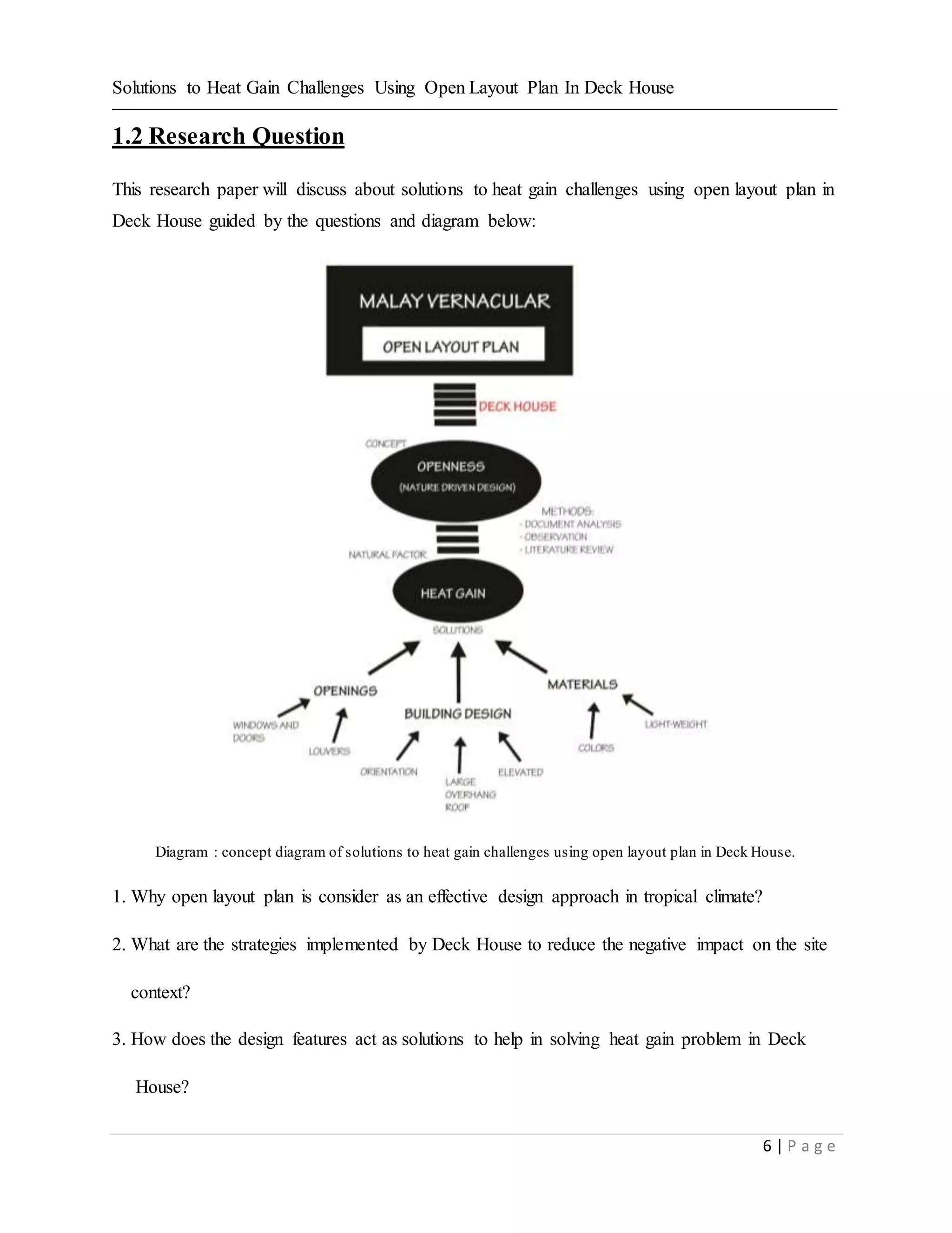 Solutions to Heat Gain Challenges Using Open Layout Plan In Deck House
6 | P a g e
1.2 Research Question
This research paper will discuss about solutions to heat gain challenges using open layout plan in
Deck House guided by the questions and diagram below:
Diagram : concept diagram of solutions to heat gain challenges using open layout plan in Deck House.
1. Why open layout plan is consider as an effective design approach in tropical climate?
2. What are the strategies implemented by Deck House to reduce the negative impact on the site
context?
3. How does the design features act as solutions to help in solving heat gain problem in Deck
House?
 