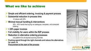 What we like to achieve
 Simple and efficient ordering, invoicing & payment process
 Substantial reduction in process time
  reduce with 50%
 Minimal manual handling & interventions
 30% - 40% hands free buying via catalogues, templates, and scheduled
ordering
 < 20% paper invoices
 Full visibility for users within the R2P process
 Reduction in alternative ordering processes
 one platform for all required sourcing channels
 Pushing spend through the right channels and reduce the alternatives for
users 
Procurement at the start of the process
© 2014 Ariba – an SAP company. All rights reserved.30
 