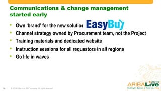 Communications & change management
started early
• Own „brand‟ for the new solution: EasyBuy
• Channel strategy owned by Procurement team, not the Project
• Training materials and dedicated website
• Instruction sessions for all requestors in all regions
• Go life in waves
© 2014 Ariba – an SAP company. All rights reserved.36
 