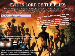 Evil in Lord of the flies
 In William Golding’s novel, the Lord of the Flies, he constantly shows the evilness in our world. Set on an
 deserted island where a plane full of school boys crash, representing the miniature version of our world,
 this story shows us Golding’s perspective on Human nature.
 The Pig’s head on a stake




The Pig’s head on a stake was placed in the forest as
a gift to the “beast” by Jack, the Id in the story.

                            SIN IN BOYS



Simon, found out while looking at the pig head that
the beast that the boys had imagined isn’t real but
is the sin in human nature, of irrational fear.
 