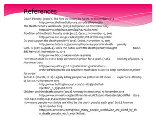 References
Death Penalty. (2000) . The Free Dictionary by Farlex. 10 November 2013
http://www.thefreedictionary.com/death+penalty
The Death Penalty Worldwide. (2013). Infoplease. 10 November 2013
http://www.infoplease.com/ipa/A0777460.html
Abolition of the Death Penalty 1976. (n.d.). Csc-scc. November 10, 2013
http://www.csc-scc.gc.ca/text/pblct/rht-drt/08-eng.shtml
Do you support the death penalty? (2013). Debet. November 10, 2013
http://www.debate.org/opinions/do-you-support-the-death- penalty
Café, R. (2011 August, 4). Does the public want the death penalty brought
back?.
BBC News UK. November 13, 2013
http://www.bbc.co.uk/news/uk-14402195
How much does it cost to keep someone in prison for a year?. (n.d.).
Ministry of justice. 15
November 2013
http://www.justice.govt.nz/publications/publicationsarchived/2002/parole-act-2002/how-much-does-it-cost-to-keep- someone-in-prisonfor-a-year
Safdar K. (march, 2012). Legally killing people has gotten A LOT more
expensive. Ministry
of justice. 15 November 2013
http://www.huffingtonpost.com/2012/03/30/lethalinjection_n_1391408.html
Children and the death penalty (2002) Amnesty International. 19 November 2013
http://www.amnesty.org/en/library/asset/ACT50/007/2002/en/9b708ffd- d7c411dd-b4cd-01eb52042454/act500072002en.pdf
How many people worldwide are killed by the death penalty each year? (n.d.) Answers
19 November 2013
http://wiki.answers.com/Q/How_many_people_worldwide_are_killed_by_th
e_death_penalty_each_year?#slide3

 