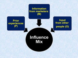 Influence
Mix
Prior
experiences
(P)
Information
from marketers
(M)
Input
from other
people (O)
 