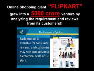 Online Shopping giant “FLIPKART”
grew into a 5000 crore venture by
analyzing the requirement and reviews
from its customers!!
 