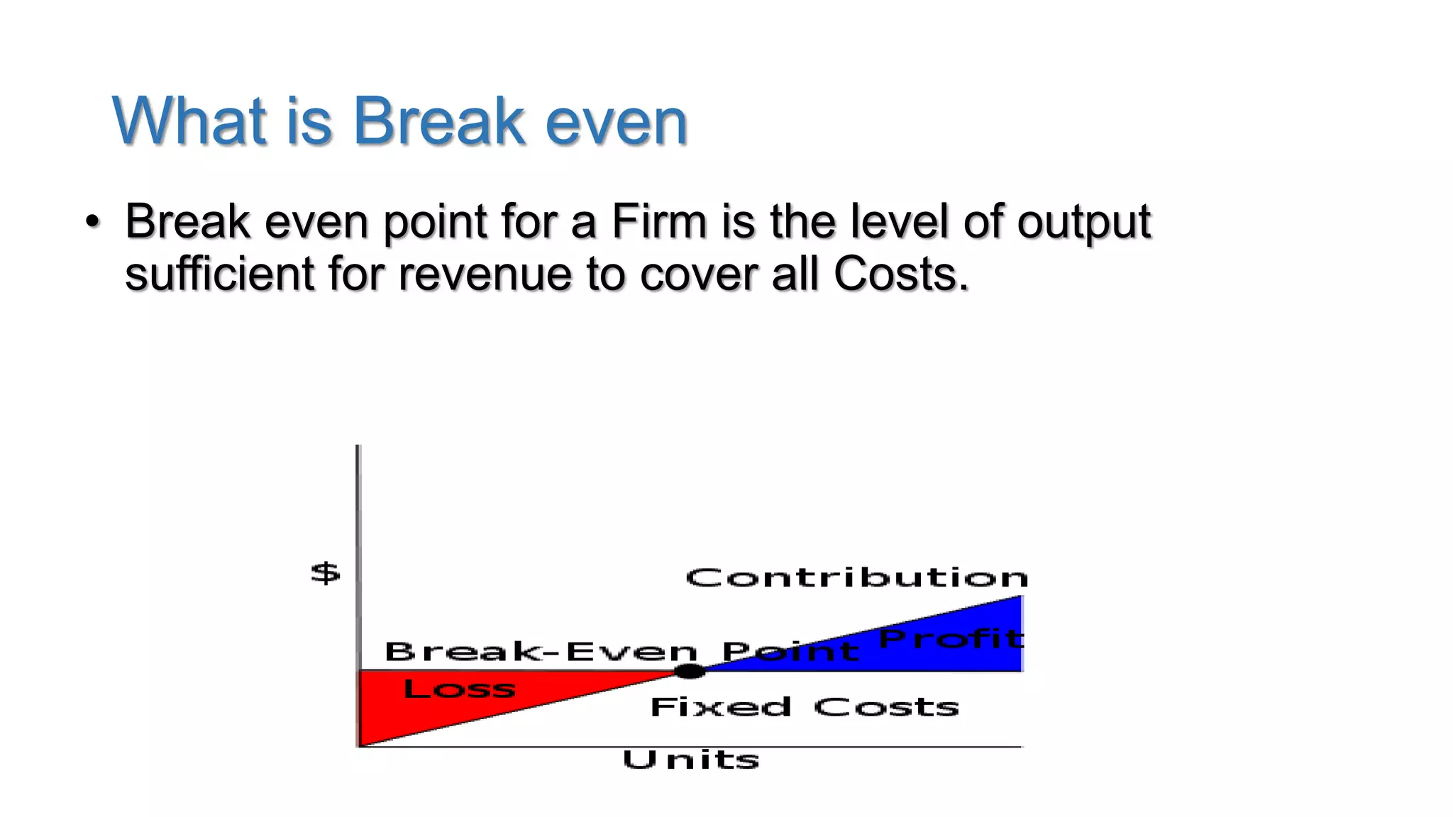 What is Break even
• Break even point for a Firm is the level of output
sufficient for revenue to cover all Costs.
 