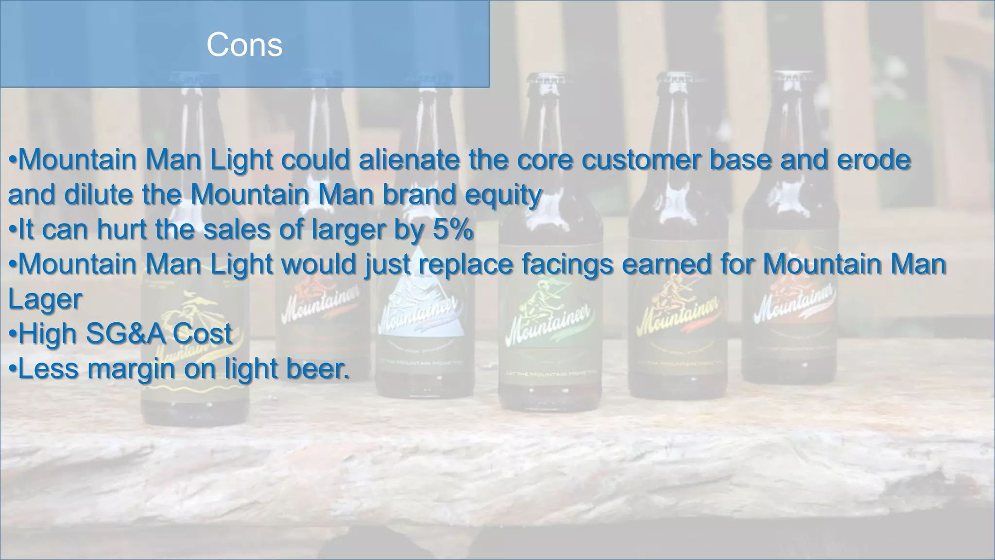 Cons
•Mountain Man Light could alienate the core customer base and erode
and dilute the Mountain Man brand equity
•It can hurt the sales of larger by 5%
•Mountain Man Light would just replace facings earned for Mountain Man
Lager
•High SG&A Cost
•Less margin on light beer.
 